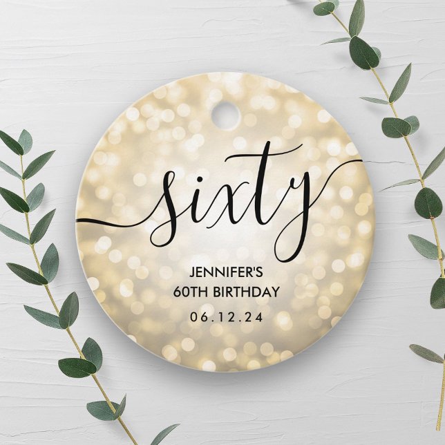 Modernes Script Gold Glitzer Lights 60. Geburtstag Geschenkanhänger (Modern Script Gold Glitter Lights 60th Birthday Favor Tags)