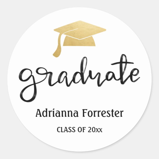 Modernes Script Gold Graduate Hat Elegant Runder Aufkleber (Vorderseite)