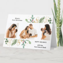 Modernes Script Gold Greenery Baby First Christmas