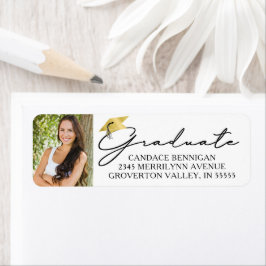 Modernes Script Graduate Foto Black Gold Cap Label