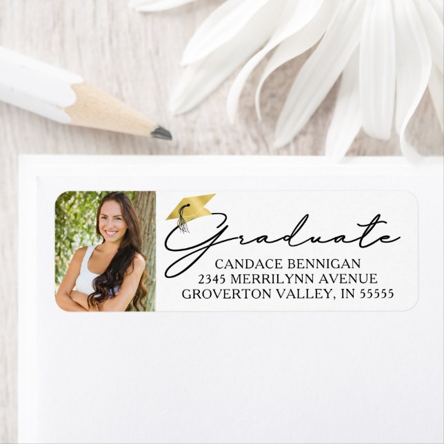 Modernes Script Graduate Foto Black Gold Cap Label (Insitu)