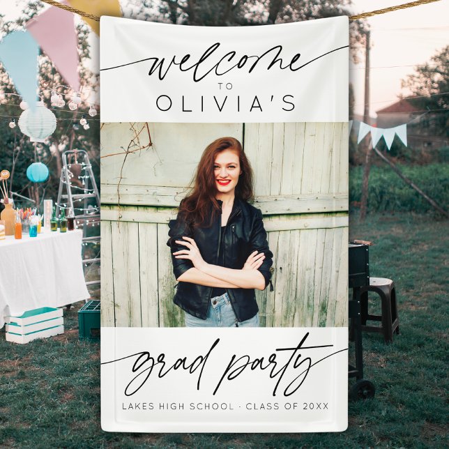 Modernes Script Graduation Party Foto Willkommen Banner (Von Creator hochgeladen)