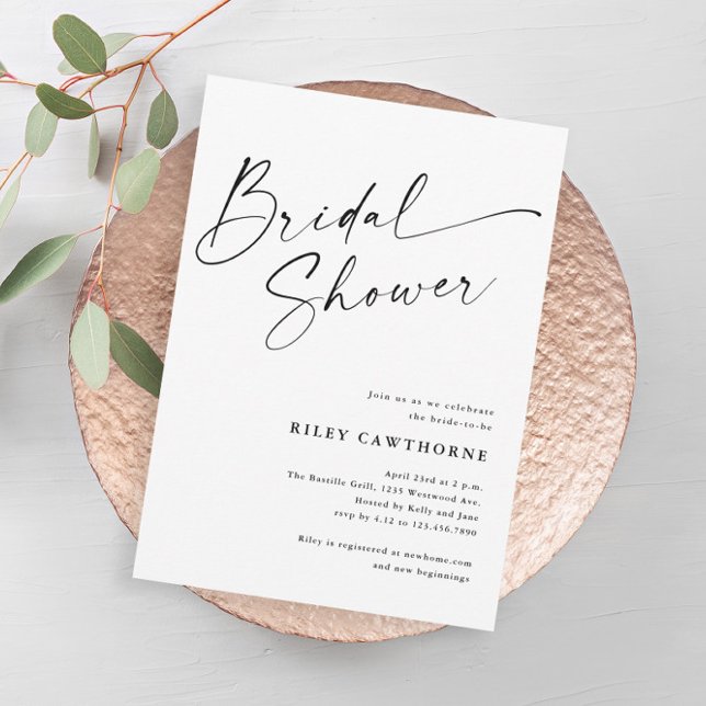 Modernes Script Ivory Boho Brautparty Einladung (Modern simple black and white script boho bridal shower invitations.)