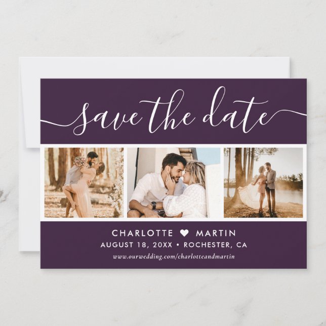 Modernes Script Lila Wedding 4 Foto Save The Date (Vorderseite)