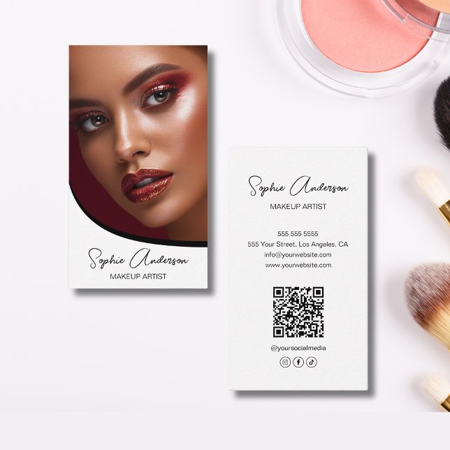 Modernes Script Makeust Künstler Custom Foto QR Visitenkarte (Modern Script Makeup Artist Custom Photo QR Business Card)