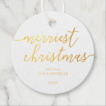 Modernes Script "Merriest Christmas" Foto Geschenkanhänger<br><div class="desc">Modernes Drehbuch "Merriest Christmas" Urlaubsdesign.</div>