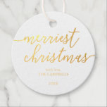 Modernes Script "Merriest Christmas" Foto Geschenkanhänger<br><div class="desc">Modernes Drehbuch "Merriest Christmas" Urlaubsdesign.</div>