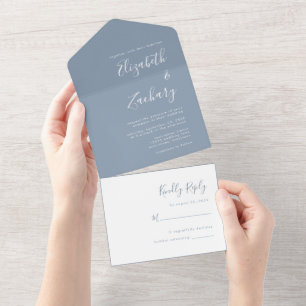 Modernes Script Minimal Dusty Blue Wedding All In One Einladung