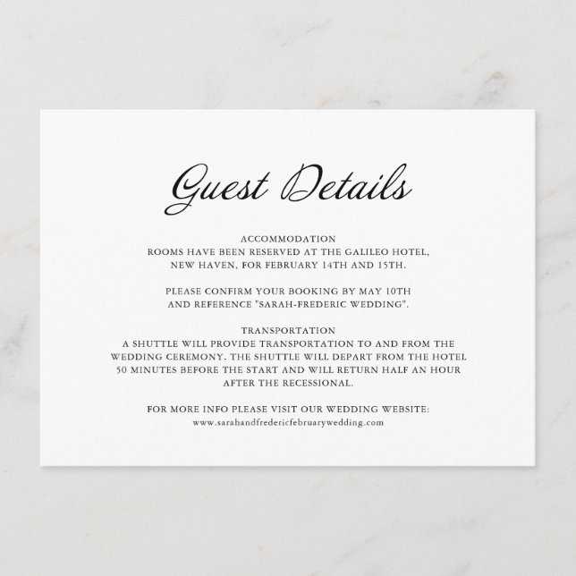 Modernes Script Minimal White Wedding Guest Detail Begleitkarte (Vorderseite)