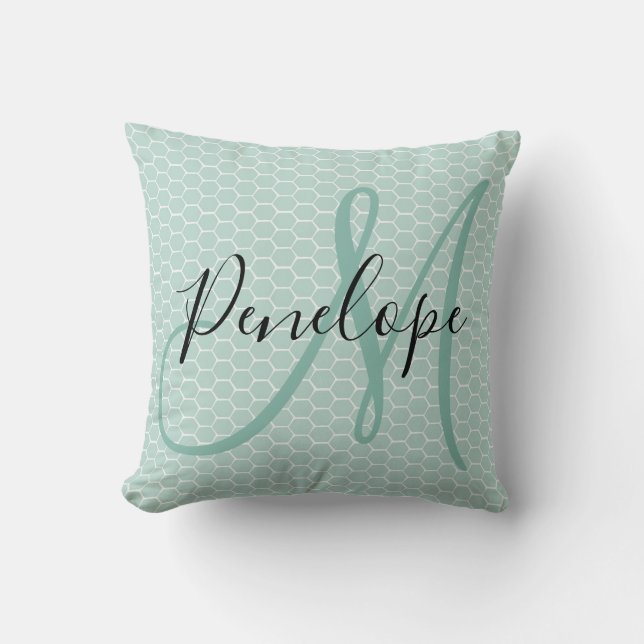 Modernes Script Monogram Honeycomb Aquamarin Kissen (Vorderseite)