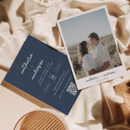 Modernes Script Navy Blue Foto QR Code Hochzeit Einladung