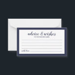Modernes Script Navy Blue Wedding Advice und Wünsc Hinweiskarte<br><div class="desc">Moderne Script Navy Blue Wedding Advice and Wishings Card mit Titel in marineblau modernem Script Schriftart mit Details in marineblau modernen Sans serif Schriftart auf weißem Hintergrund mit marineblau Rahmen.</div>