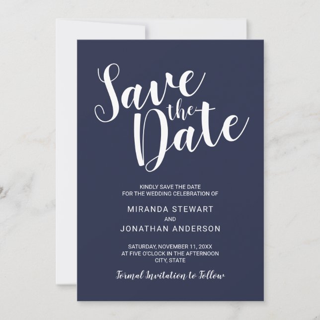 Modernes Script Navy Blue Wedding speichern das Da Save The Date (Vorderseite)