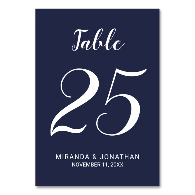 Modernes Script Navy Blue Wedding Tischnummer (Vorderseite)