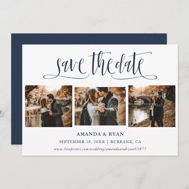 Modernes Script-Navy-Hochzeitssemble-Foto Save the Save The Date (Vorne/Hinten)