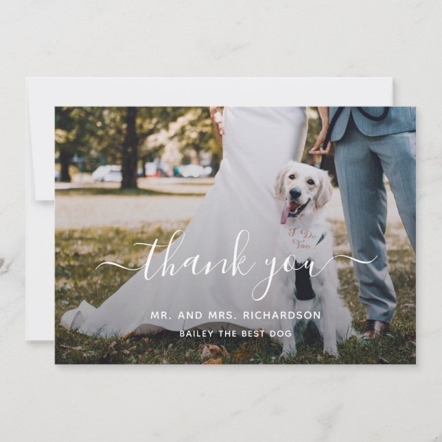 Modernes Script Personalisiert Pet Wedding Foto Dankeskarte (Vorderseite)