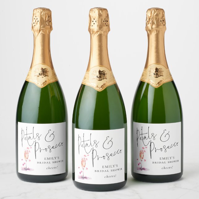 Modernes Script Petals Prosecco Cheers Brautparty (Flaschen)