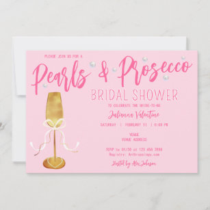 Modernes Script Pink Pearls & Prosecco Brautparty Einladung