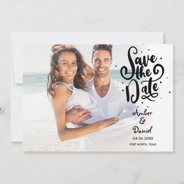 Modernes Script Polka Dot Foto Save the Date Einladung (Vorderseite)