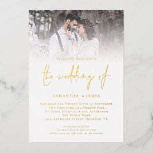 Modernes Script QR Code Foto Wedding Luxury Gold Folieneinladung