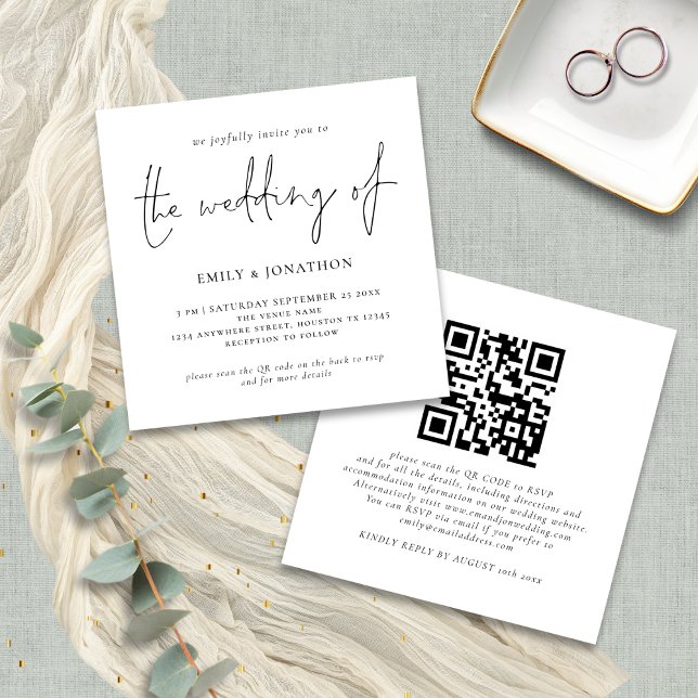 Modernes Script QR Code Square Hochzeitseinladung Einladung (Front and back view)