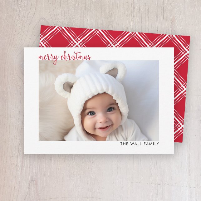 Modernes Script Red Frohe Weihnachten Horizontal F (Modern, minimal Christmas card with white border)