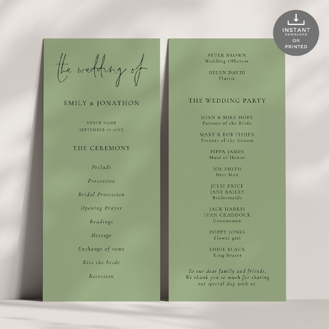 Modernes Script Sage Green Wedding Programm (Front and back view)
