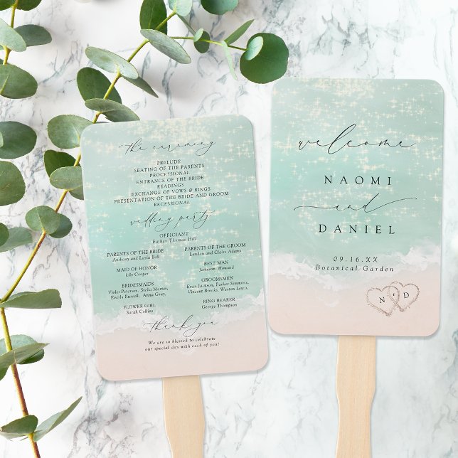 Modernes Script Sand Hearts Beach Hochzeitsprogram Fächer (Modern Script Sand Hearts Beach Wedding Program Hand Fan)