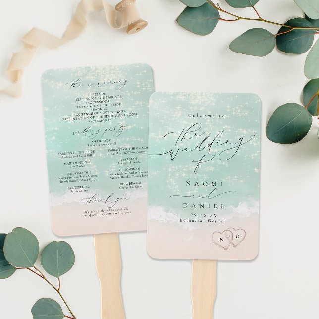 Modernes Script Sand Hearts Beach Hochzeitsprogram Fächer (Modern Script Sand Hearts Beach Wedding Program Hand Fan)