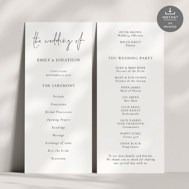 Modernes Script Schwarz-weiß Wedding Program Einladung (Front and back view)