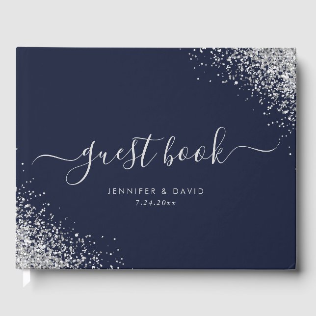 Modernes Script Silver Glitzer Navy Blue Wedding Gästebuch (Vorderseite)
