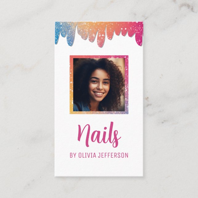 Modernes Script Typografy Glitzer Tropfen Foto Visitenkarte (Vorderseite)