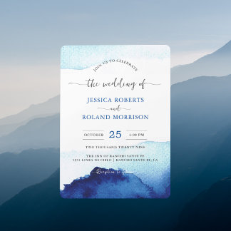 Modernes Script Watercolor Indigo Blue Wedding Einladung
