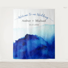 Modernes Script Watercolor Indigo Blue Wedding Wandteppich