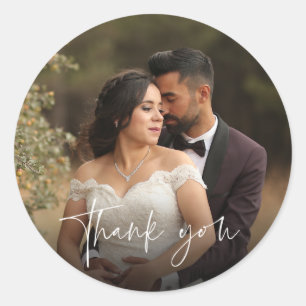 Modernes Script Wedding Foto Vielen Dank für Ihr I Runder Aufkleber
