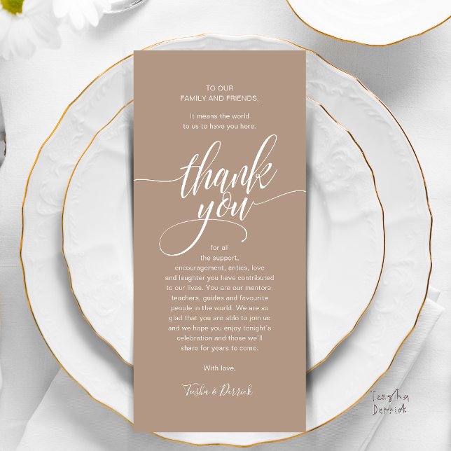Modernes Script Wedding Guest Dinner Danke Karte (Modern Script Wedding Guest Dinner Reception Brunch Lunch Thank You Card in Warm Chic Taupe Brown)