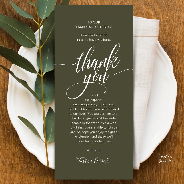 Modernes Script Wedding Guest Dinner Danke Karte (Modern Script Wedding Guest Dinner Reception Brunch Lunch Thank You Card in Olive Green)