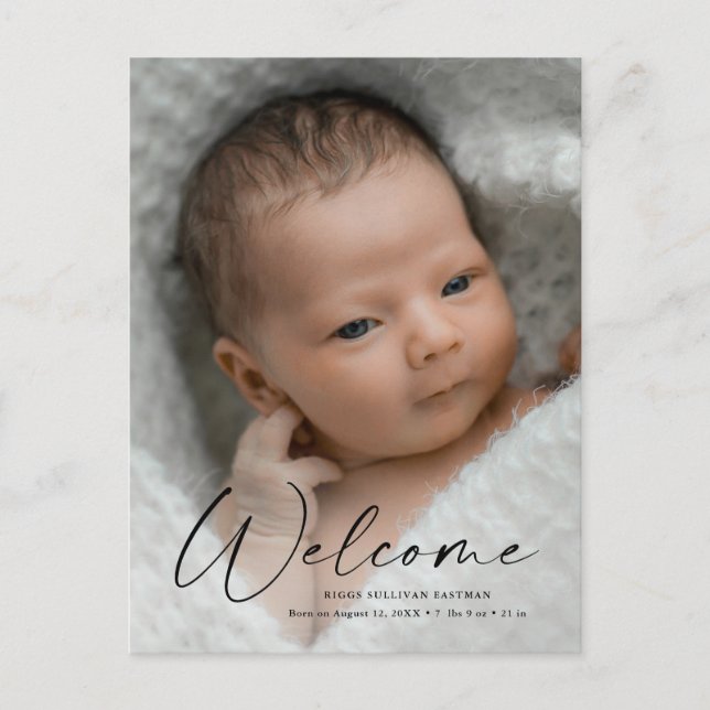 Modernes Script Welcome Baby Foto Birth Vielen Dan Postkarte (Vorderseite)