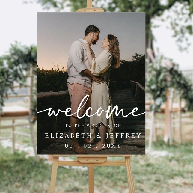 Modernes Script White Foto Wedding Willkommen Acrylschild (Modern Script White Photo Wedding Welcome Acrylic Sign)