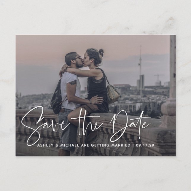 Modernes Script White Overlay Foto Hochzeit Ankündigungspostkarte (Vorderseite)