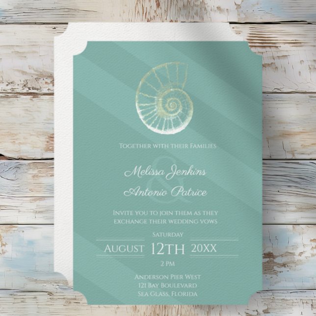 Modernes Sea Glass Seashell Beach Hochzeit Einladung (Modern Seashell Coastal Chic Beach Wedding Invitation)