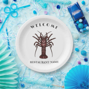 Modernes Seafeufel-Begrüßungslogo Lobster Restaura Pappteller