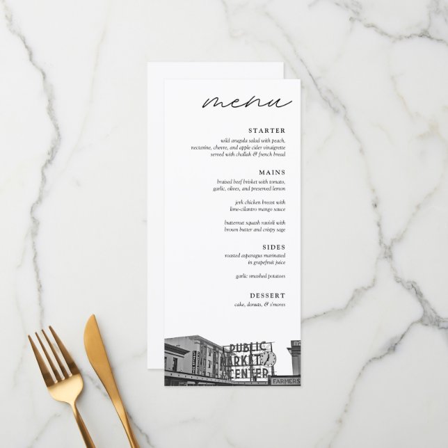 Modernes Seattle Black & White Wedning Dinner Menükarte (Vorderseite/Rückseite Beispiel)