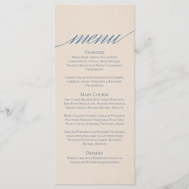 Modernes SerienWedding Menu in Dusty Blue Menükarte (Vorderseite)