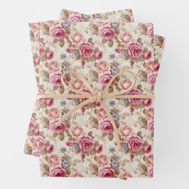Modernes Shabby Chic magenta Elfenbein Französisch Geschenkpapier Set (Beispiel)