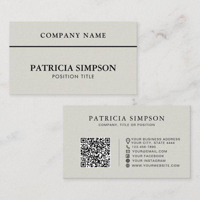 Modernes Silber-Grau QR-Code Professionell Minimal Visitenkarte (Vorne/Hinten)