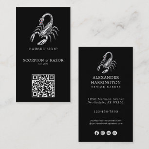 Modernes Silber Skorpion-Barbier-Shop-Logo Qr Code Visitenkarte