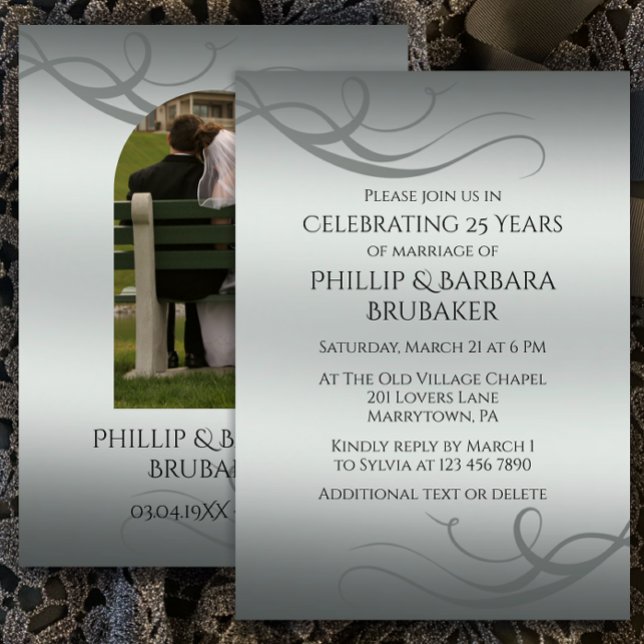 Modernes Silbernes Foto zum 25. Hochzeitstag Einladung (Customize this modern elegant silver gradient 25th wedding anniversary party invitation template)