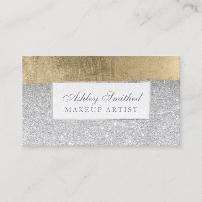 Modernes silbernes Glittergoldbrushstrokesmake-up Visitenkarte (Vorderseite)