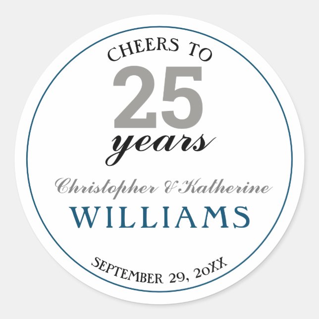 Modernes Silver & Blue 25. Hochzeitstag Runder Aufkleber (Vorderseite)